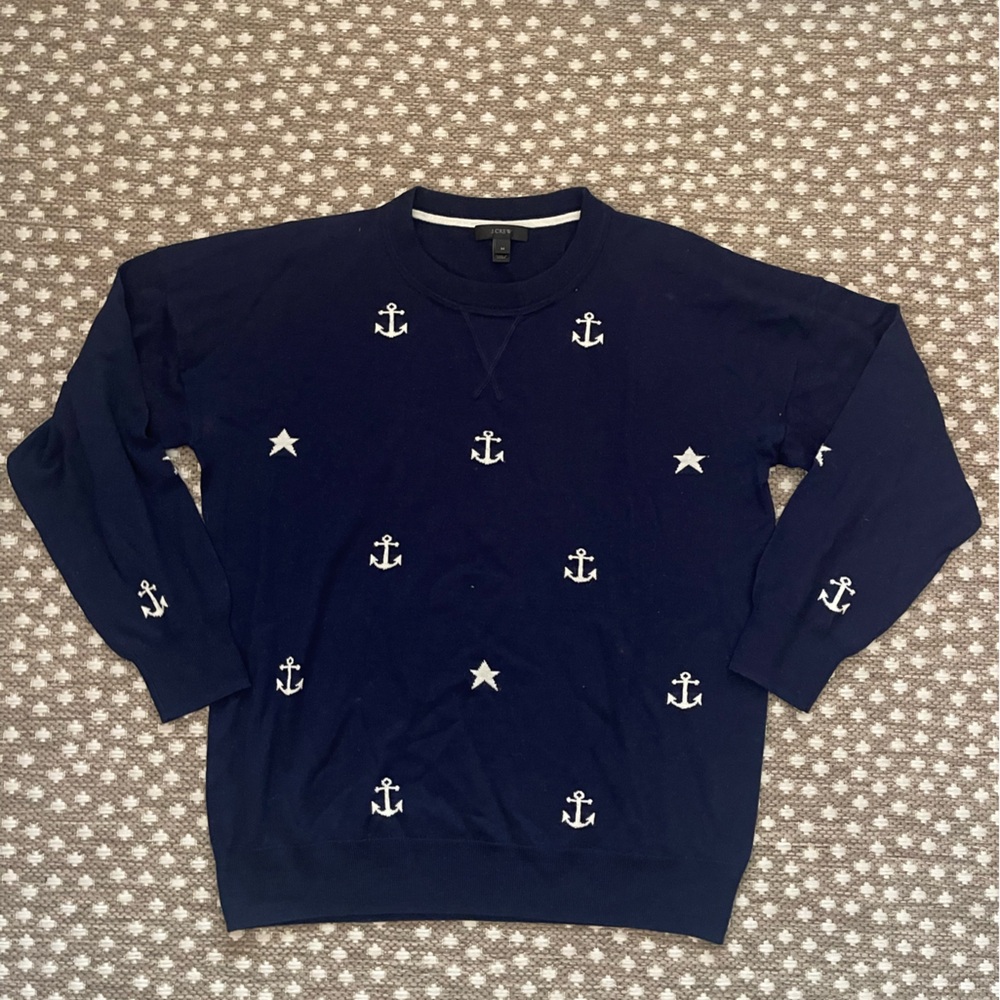 J. Crew Navy Blue Sweater with White Anchor Pattern